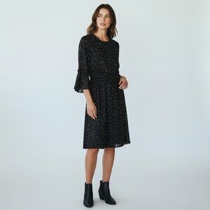H&M Green Polka Dot Midi Dress – Size 8 – Crew Neck Long Sleeve Chiffon Lined